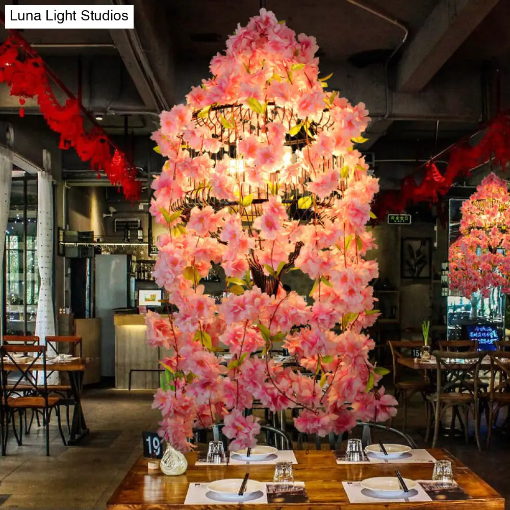 Iron Drum Cage Chandelier With Industrial Appeal 3 Lights Restaurant Flower Suspension In Pink