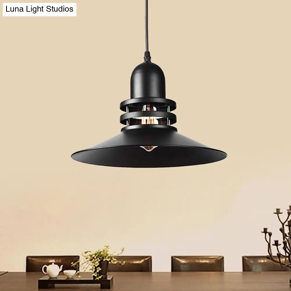 Iron Industrial Pendant Lamp With Cutout Design - Saucer Dining Table Light 1-Bulb Black Suspension