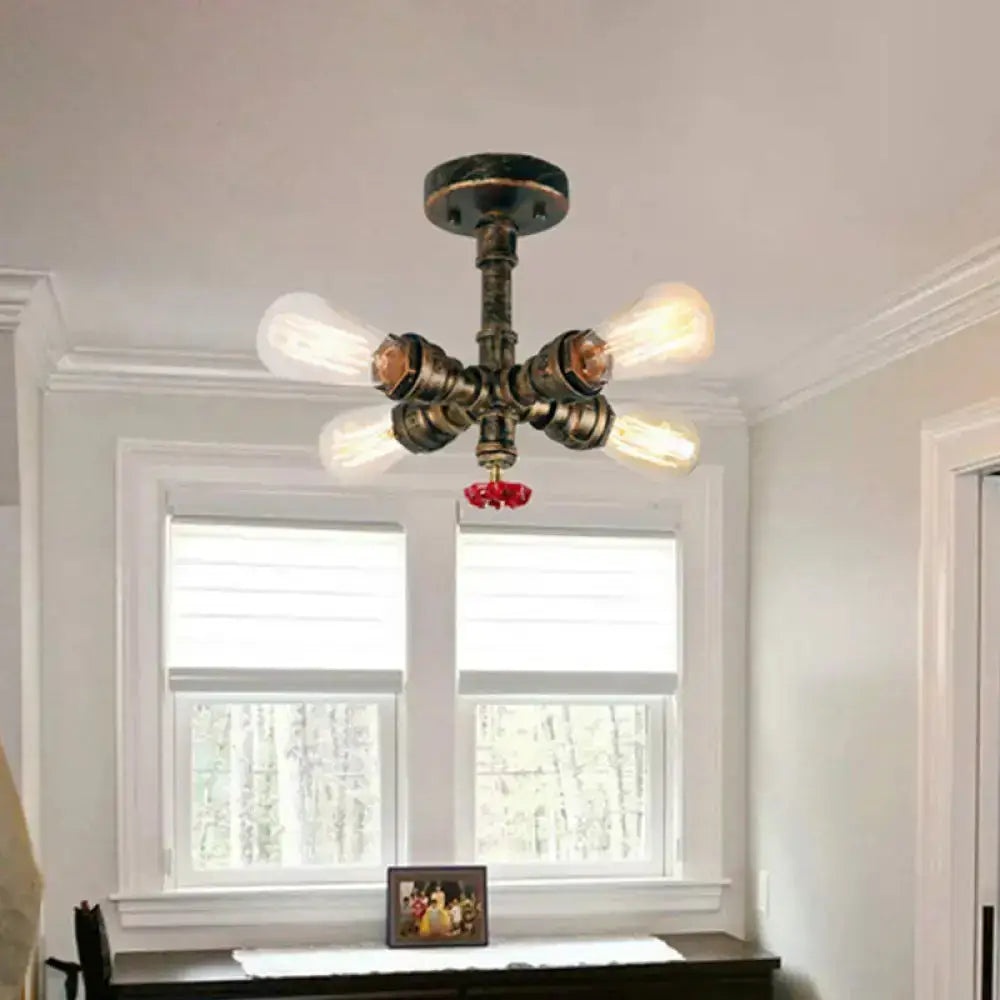 Iron Industrial-Style 4-Light Bronze Semi Flush Mount With Burst Pipe Foyer Ceiling Design