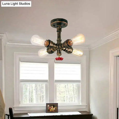 Iron Industrial-Style 4-Light Bronze Semi Flush Mount With Burst Pipe Foyer Ceiling Design
