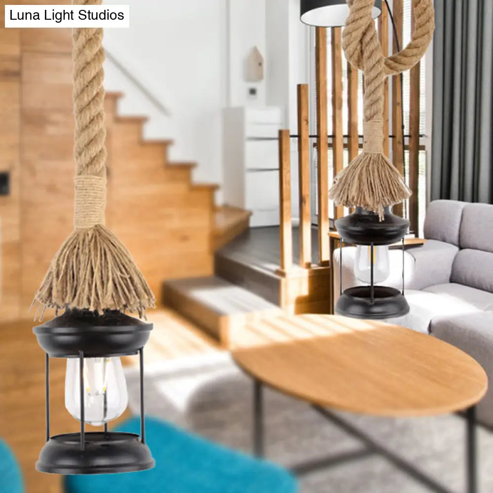 Iron Lantern Shade Pendant Light With Adjustable Rope - Lodge Style 1-Light Suspended In Black For