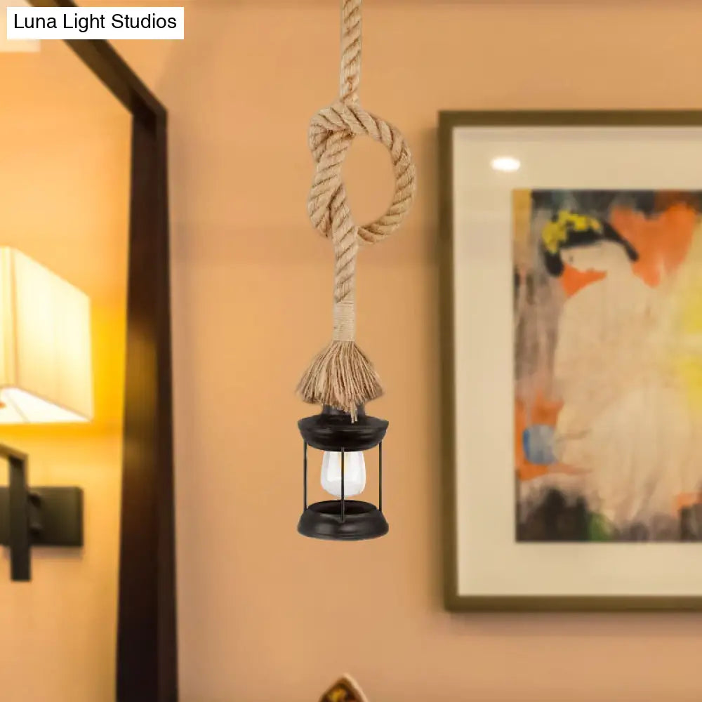 Adjustable Rope Iron Lantern Pendant Light - Lodge Style | Black