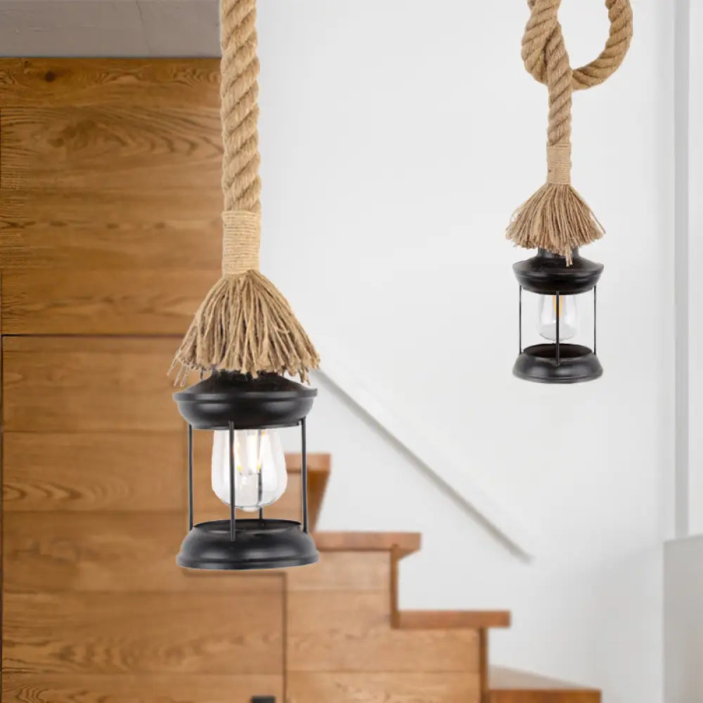 Iron Lantern Shade Pendant Light With Adjustable Rope - Lodge Style 1-Light Suspended In Black For