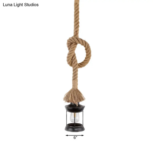 Iron Lantern Shade Pendant Light With Adjustable Rope - Lodge Style 1-Light Suspended In Black For