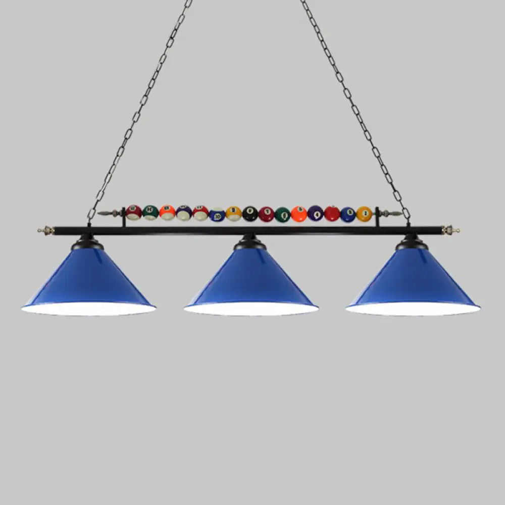 Iron Linear Island Ceiling Light With Cone Shade - Industrial Country Club Style 3 / Blue Straight