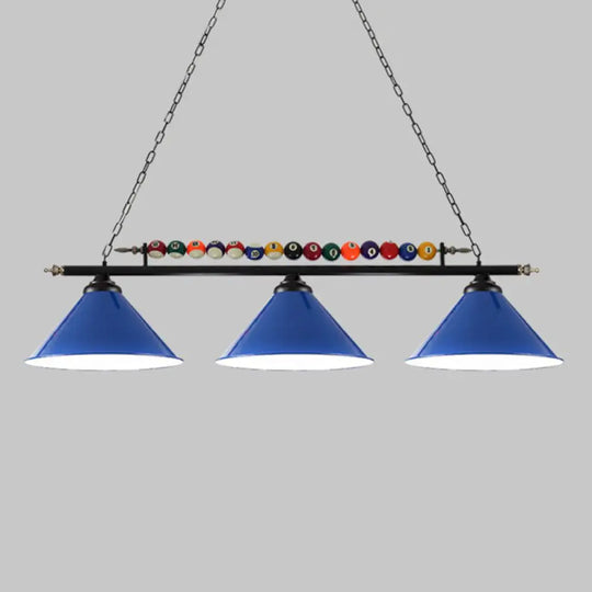 Iron Linear Island Ceiling Light With Cone Shade - Industrial Country Club Style 3 / Blue Straight