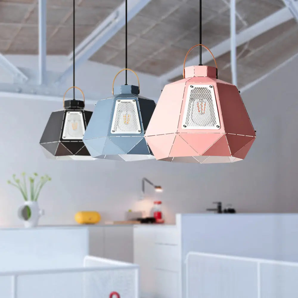 Iron Macaron Pendant Light Kit With 1 Head & Laser-Cut Design In Pink Yellow Or Blue