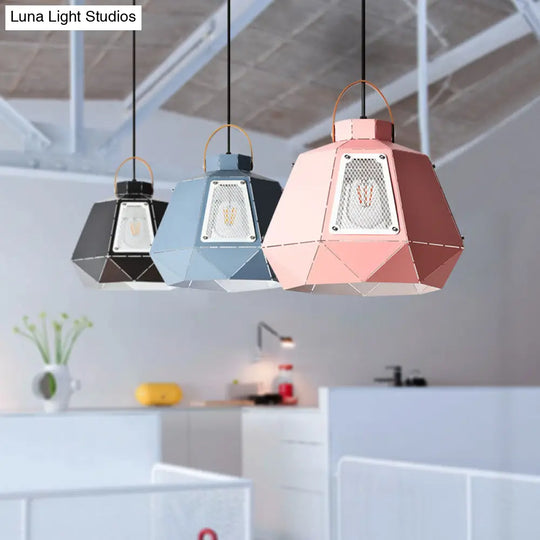 Iron Macaron Pendant Light Kit With 1 Head & Laser-Cut Design In Pink Yellow Or Blue