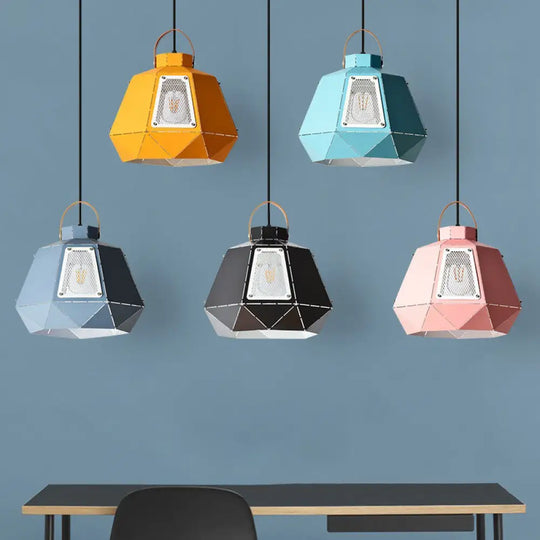 Iron Macaron Pendant Light Kit With 1 Head & Laser-Cut Design In Pink Yellow Or Blue Black