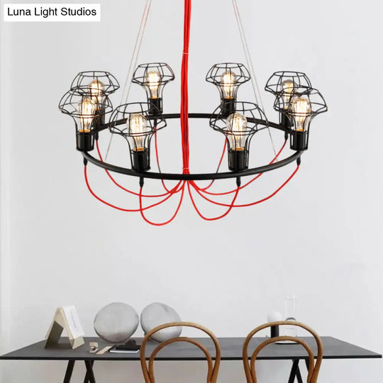 Iron Mushroom Cage Chandelier Light Industrial Pendant Lamp - 8 Heads Black Ideal For Restaurants