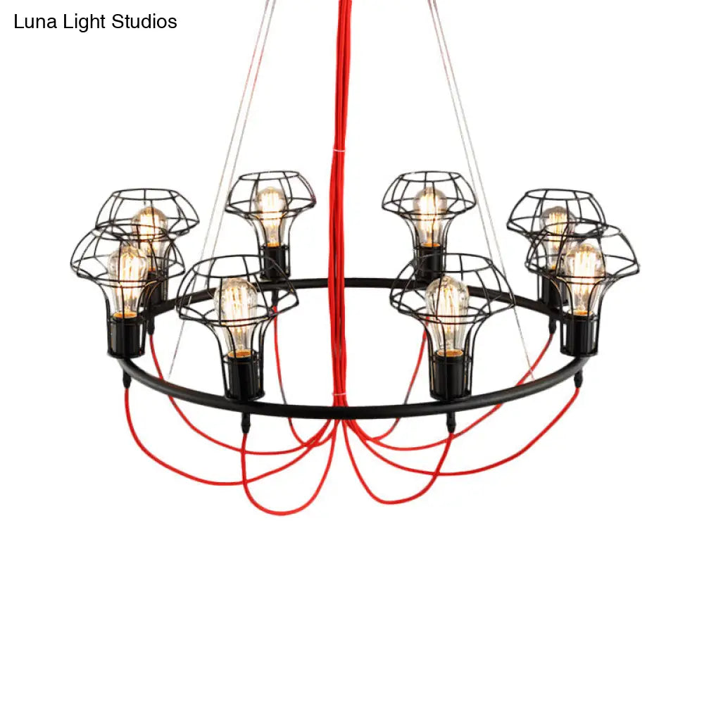 Iron Mushroom Cage Chandelier Light - Industrial 8 Heads Pendant Lamp For Restaurants Black