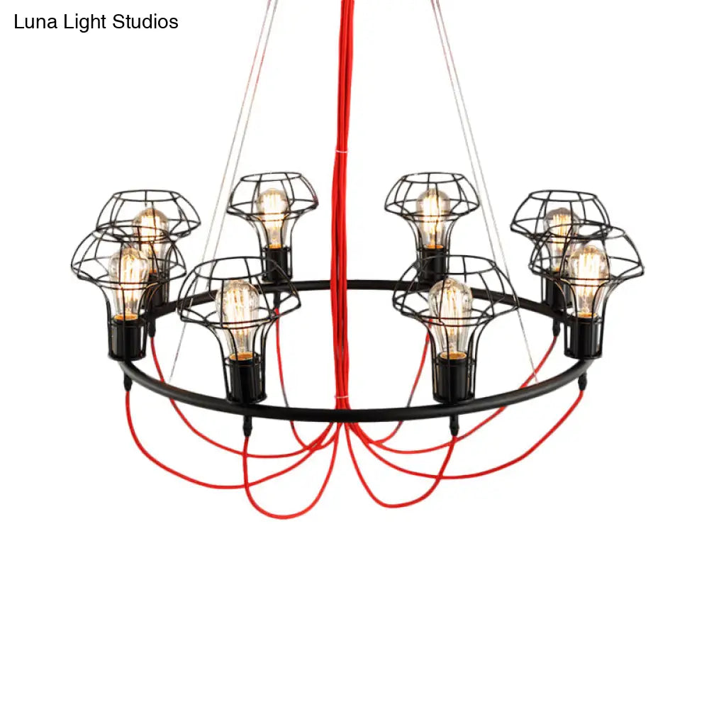 Iron Mushroom Cage Chandelier Light Industrial Pendant Lamp - 8 Heads Black Ideal For Restaurants