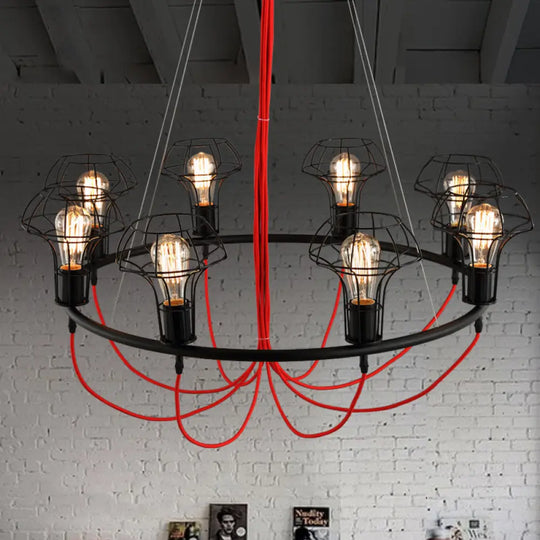 Iron Mushroom Cage Chandelier Light Industrial Pendant Lamp - 8 Heads Black Ideal For Restaurants