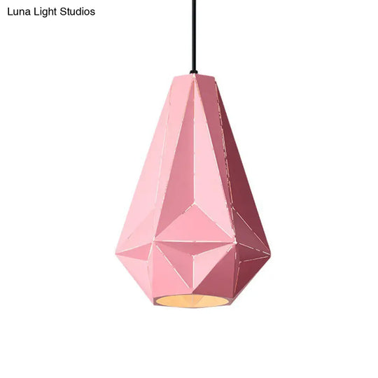 Iron Origami Diamond Pendulum Macaron Single-Bulb Pendant Light In Yellow/Dark Blue/Pink