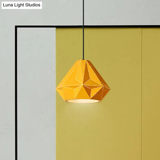 Iron Origami Diamond Pendulum Macaron Single-Bulb Pendant Light In Yellow/Dark Blue/Pink Yellow / B