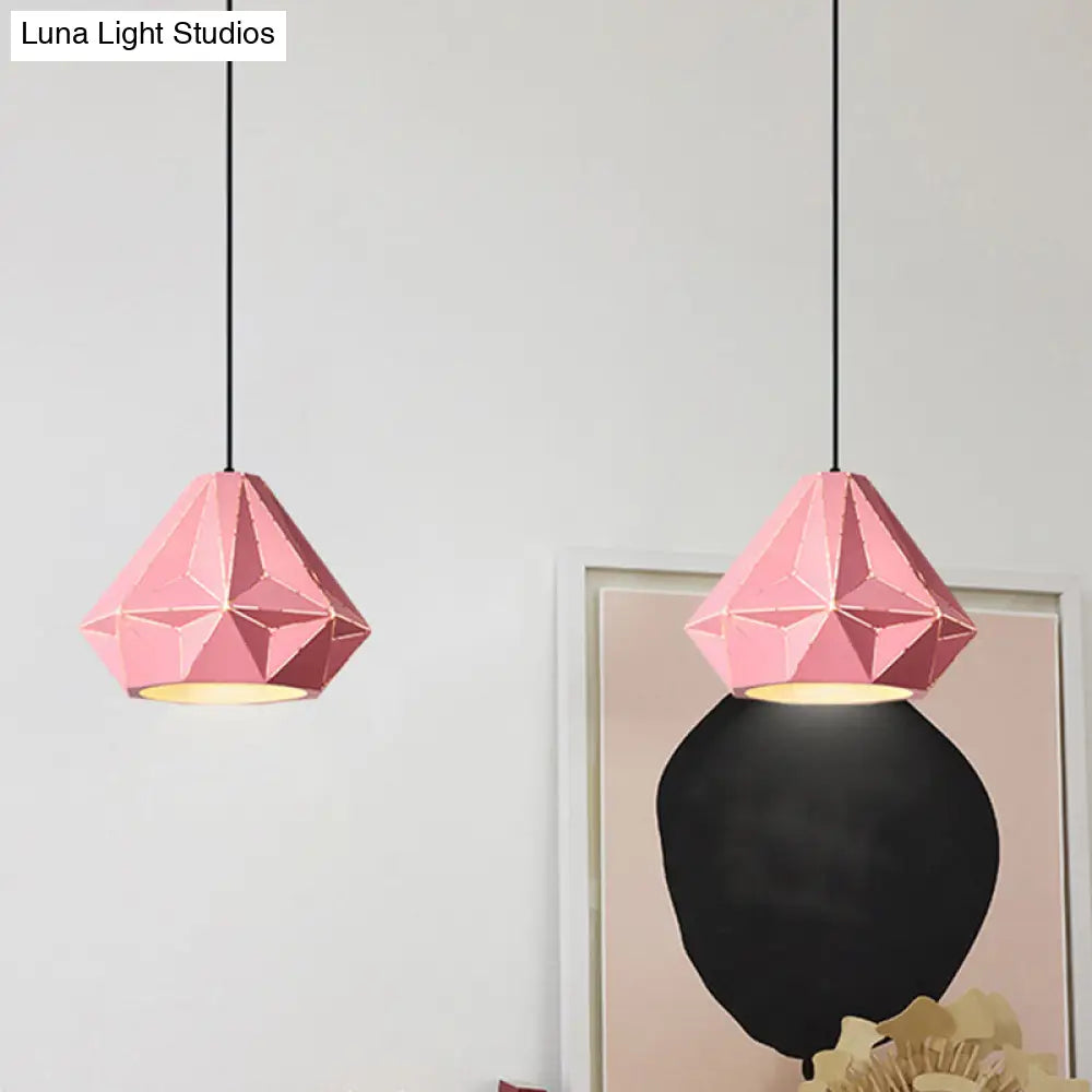 Iron Origami Diamond Pendulum Macaron Single-Bulb Pendant Light In Yellow/Dark Blue/Pink