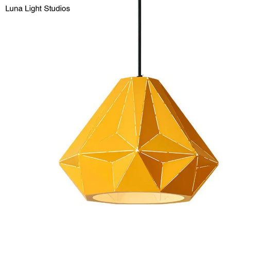 Iron Origami Diamond Pendulum Macaron Single-Bulb Pendant Light In Yellow/Dark Blue/Pink