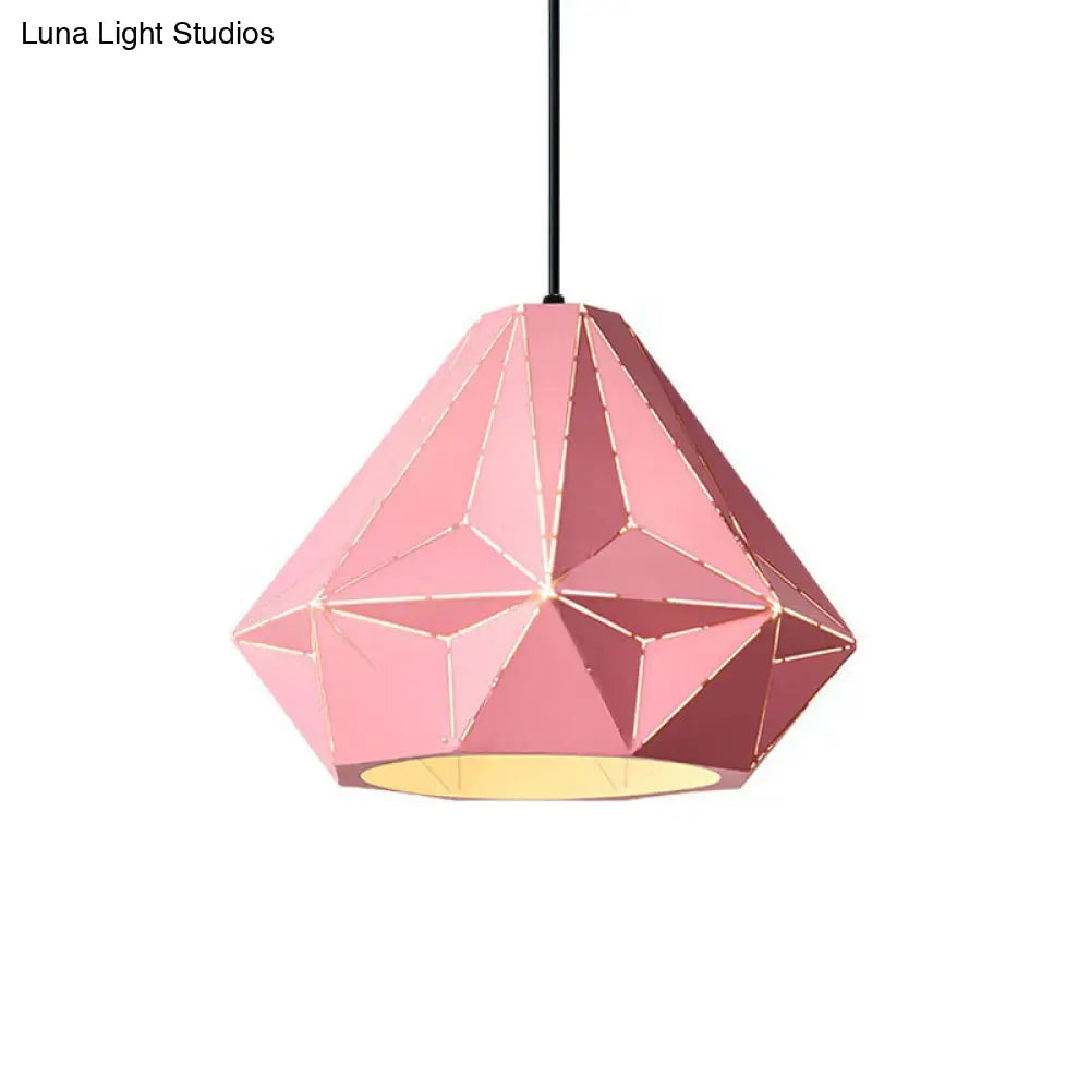 Iron Origami Diamond Pendulum Macaron Single-Bulb Pendant Light In Yellow/Dark Blue/Pink