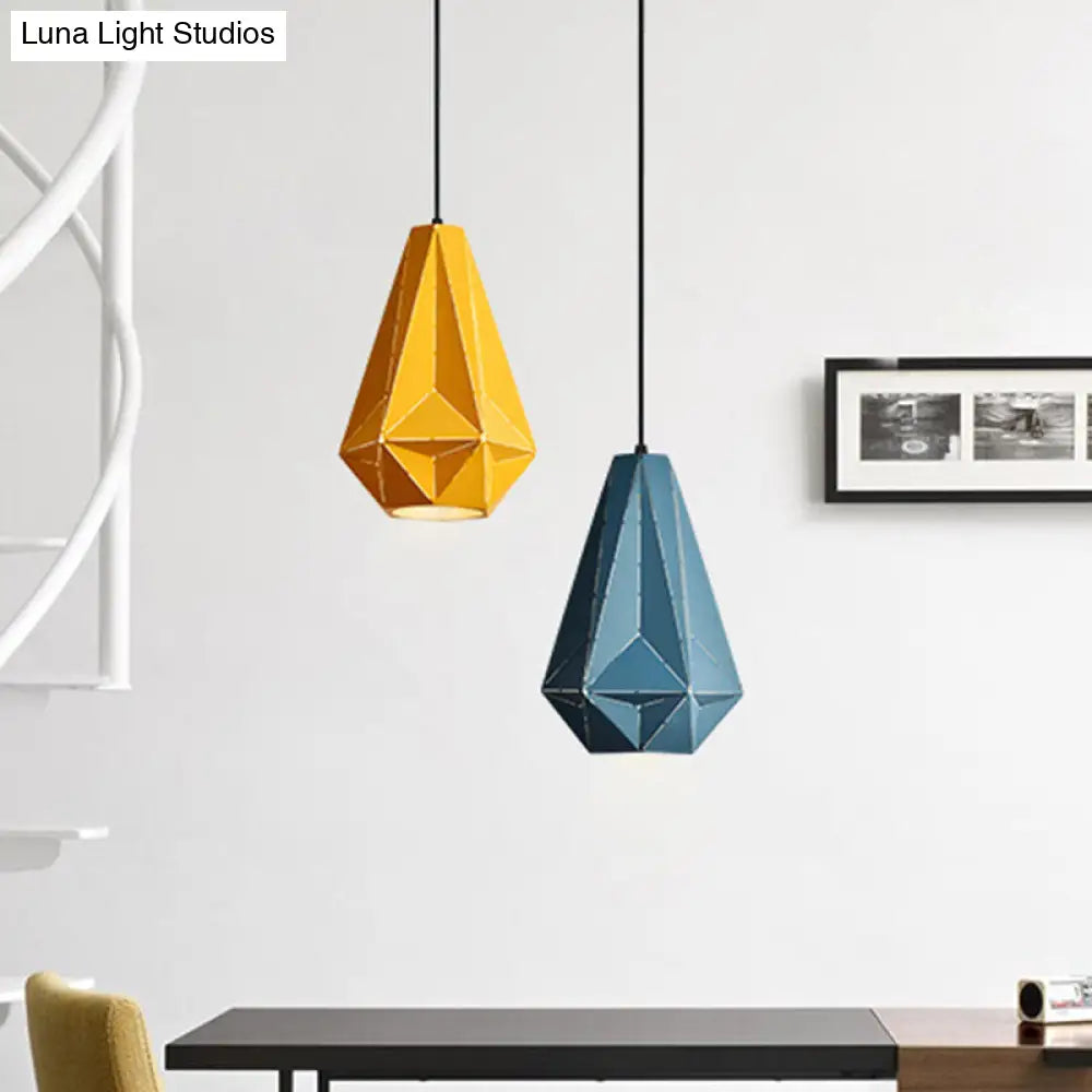 Iron Origami Diamond Pendulum Macaron Single-Bulb Pendant Light In Yellow/Dark Blue/Pink Yellow / A