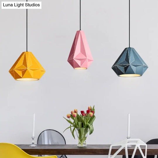 Iron Origami Diamond Pendulum Macaron Single-Bulb Pendant Light In Yellow/Dark Blue/Pink Pink / A