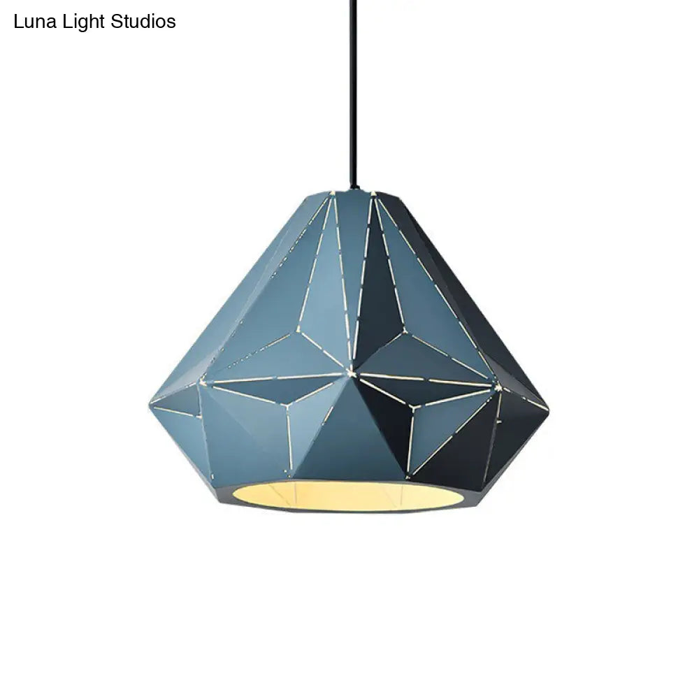 Iron Origami Diamond Pendulum Macaron Single-Bulb Pendant Light In Yellow/Dark Blue/Pink