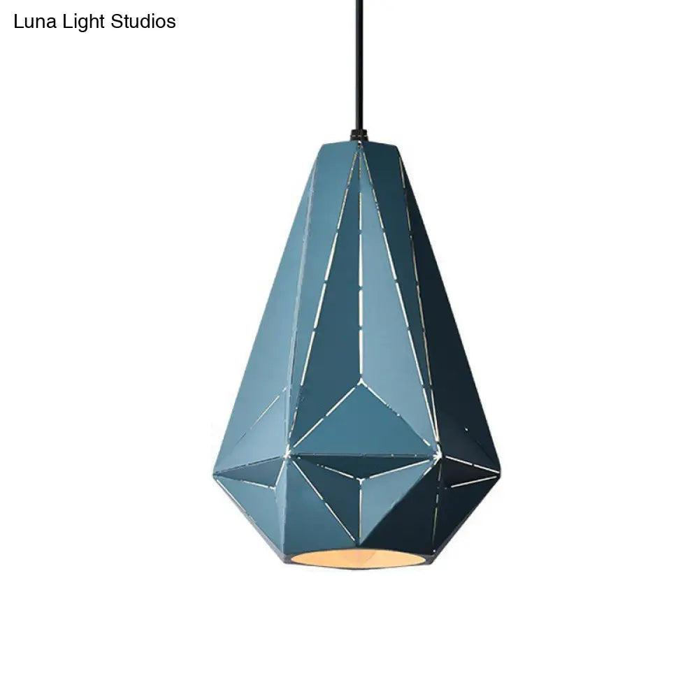 Iron Origami Diamond Pendulum Macaron Single-Bulb Pendant Light In Yellow/Dark Blue/Pink