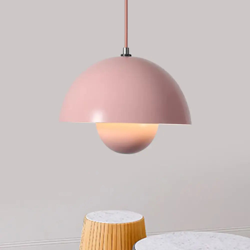 Iron Pendant Lamp With Colored Dome And Inner Diffuser For Dining Table - Pink/Green/Yellow Pink