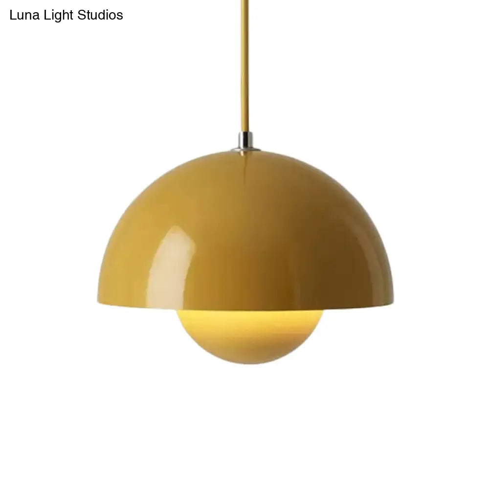 Macaron Dome Pendant Light With Inner Capsule Diffuser - Iron Finish 1 Head In Pink/Green/Yellow