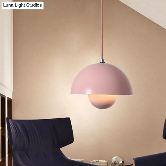 Iron Pendant Lamp With Colored Dome And Inner Diffuser For Dining Table - Pink/Green/Yellow