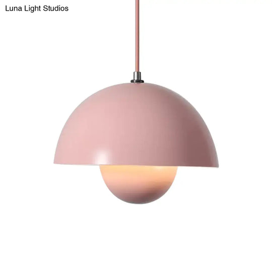 Iron Pendant Lamp With Colored Dome And Inner Diffuser For Dining Table - Pink/Green/Yellow