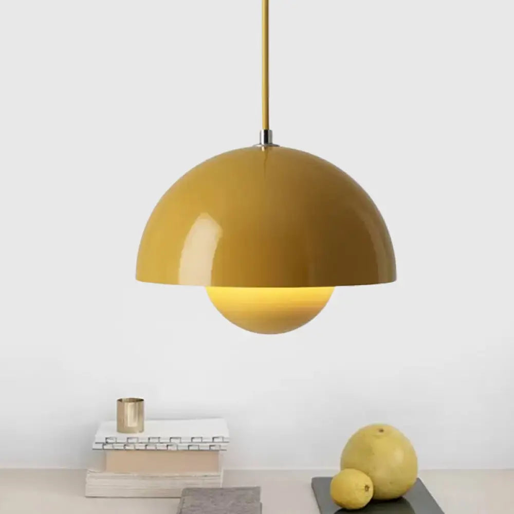 Iron Pendant Lamp With Colored Dome And Inner Diffuser For Dining Table - Pink/Green/Yellow Yellow