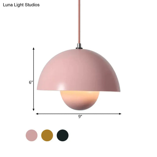 Macaron Dome Pendant Light With Inner Capsule Diffuser - Iron Finish 1 Head In Pink/Green/Yellow