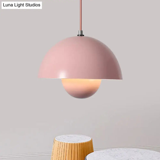 Macaron Dome Pendant Light With Inner Capsule Diffuser - Iron Finish 1 Head In Pink/Green/Yellow