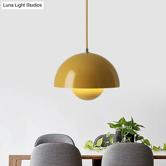 Iron Pendant Lamp With Colored Dome And Inner Diffuser For Dining Table - Pink/Green/Yellow