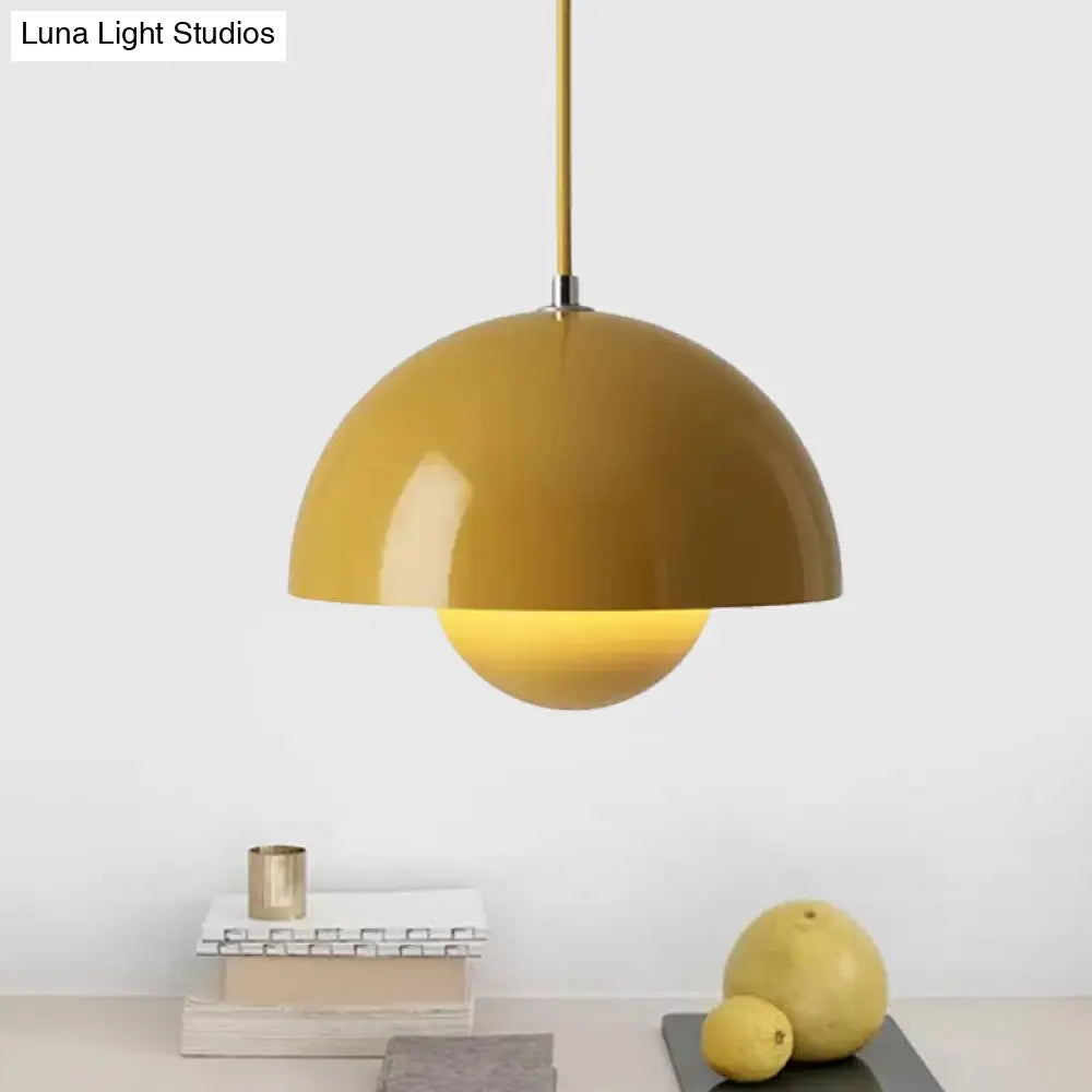 Macaron Dome Pendant Light With Inner Capsule Diffuser - Iron Finish 1 Head In Pink/Green/Yellow