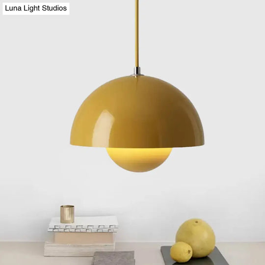 Macaron Dome Pendant Light With Inner Capsule Diffuser - Iron Finish 1 Head In Pink/Green/Yellow
