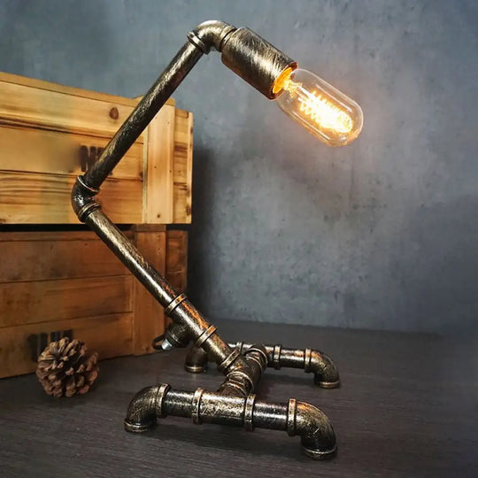 Iron Pipe Art Night Lamp - Industrial Table Light In Bronze For Boys Room / Curved