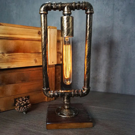 Iron Pipe Art Night Lamp - Industrial Table Light In Bronze For Boys Room / Rectangle
