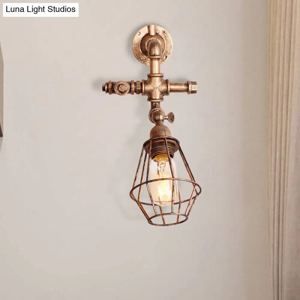 Iron Pipe Design Diamond Cage Wall Mount Light: Industrial Style Bedroom Lighting In Antique