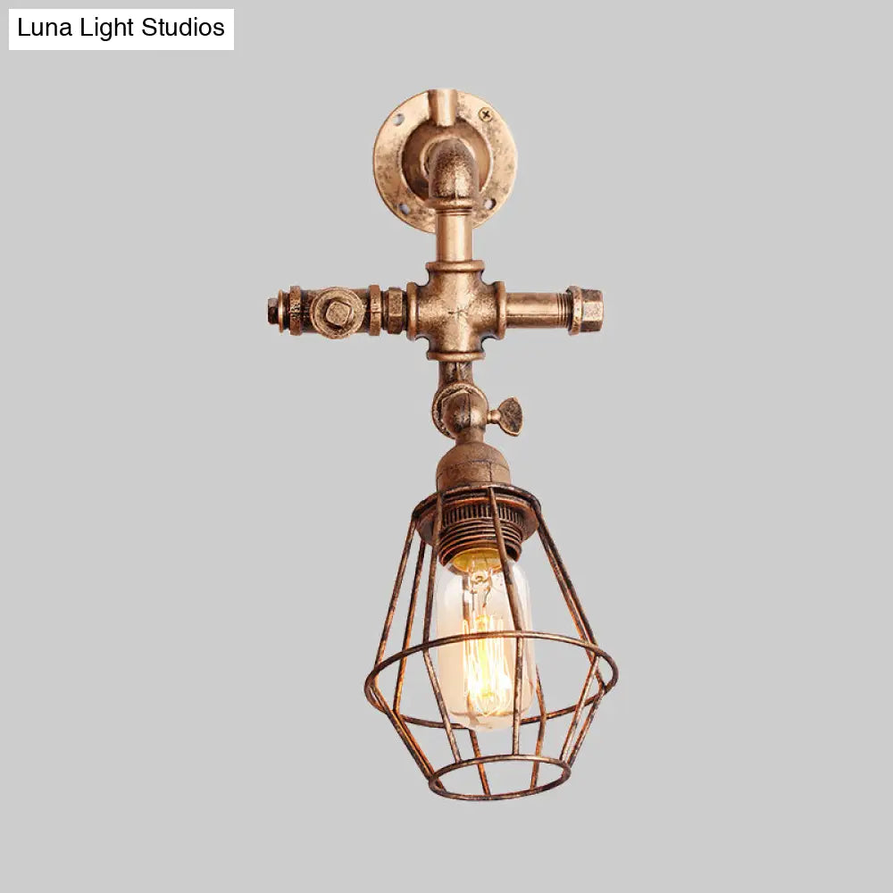 Iron Pipe Design Diamond Cage Wall Mount Light: Industrial Style Bedroom Lighting In Antique