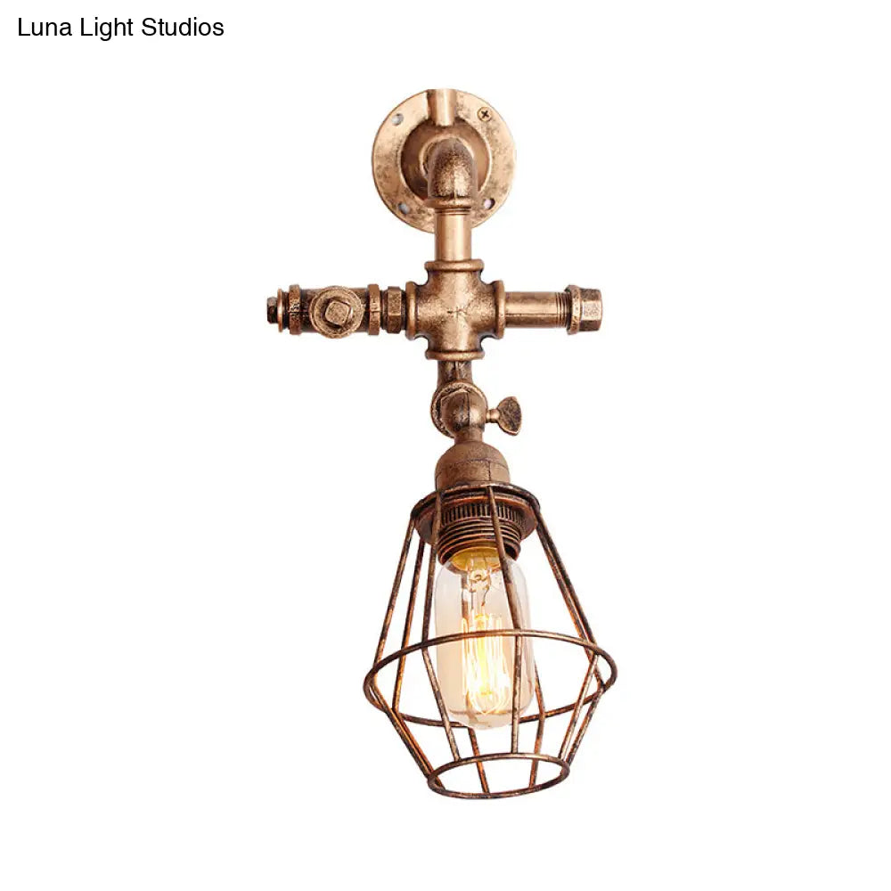 Iron Pipe Design Diamond Cage Wall Mount Light: Industrial Style Bedroom Lighting In Antique