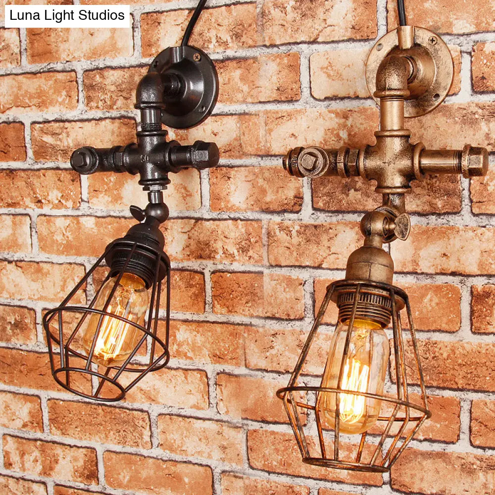 Iron Pipe Design Diamond Cage Wall Mount Light: Industrial Style Bedroom Lighting In Antique