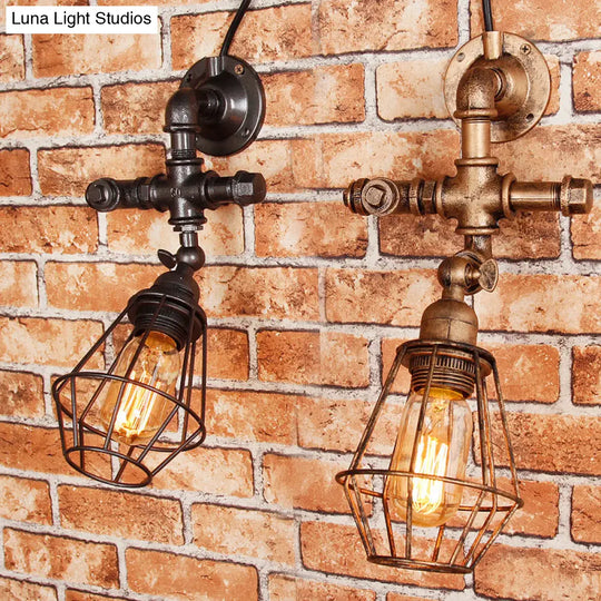 Iron Pipe Design Diamond Cage Wall Mount Light: Industrial Style Bedroom Lighting In Antique