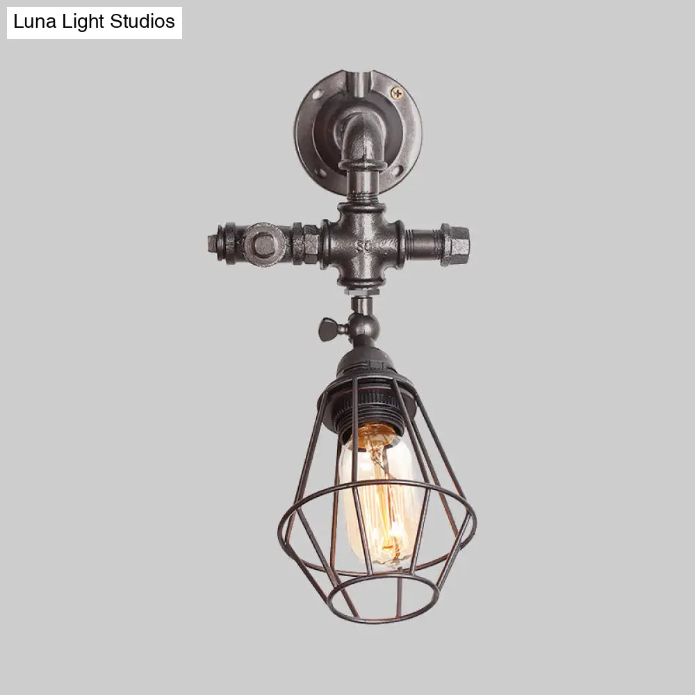 Iron Pipe Design Diamond Cage Wall Mount Light: Industrial Style Bedroom Lighting In Antique