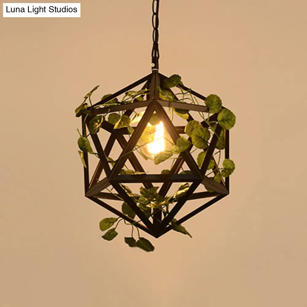 Antique Black Iron Polyhedron Cage Pendant Light - Single Restaurant & Plant Hanging Fixture