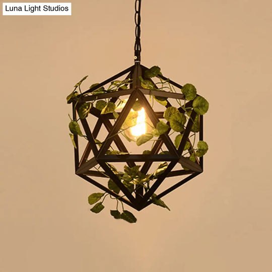 Antique Black Iron Polyhedron Cage Pendant Light - Single Restaurant & Plant Hanging Fixture