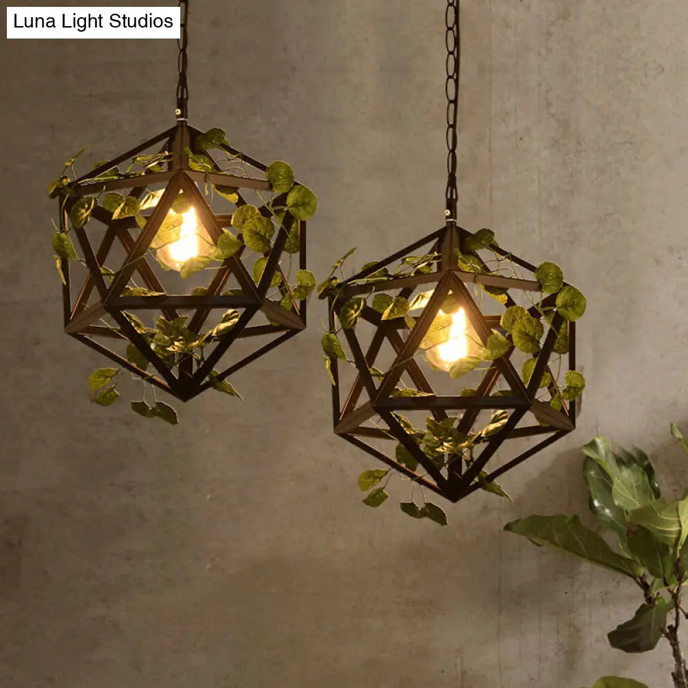 Iron Polyhedron Cage Pendant Light - Antique Single Restaurant Plant Hanging Fixture (Black)