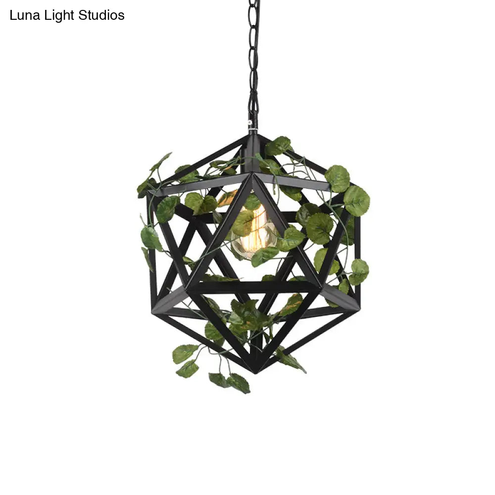 Iron Polyhedron Cage Pendant Light - Antique Single Restaurant Plant Hanging Fixture (Black)