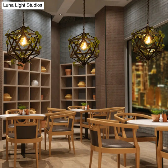 Iron Polyhedron Cage Pendant Light - Antique Single Restaurant Plant Hanging Fixture (Black)