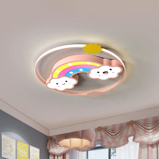 Iron Rainbow/Cloud Flush Mount Led Ceiling Light - Cartoon Pink/Blue Fixture For Kids’ Bedroom